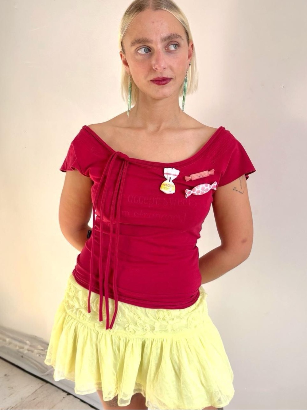 1990s Moschino “Never Accept Sweets from Strangers” Off the Shoulders Candy Top - Picture 3 of 8